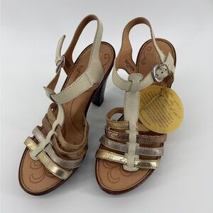 NWT Born Riviera Leather Off White Gold Metallic Strap Heel Sandals Women's Sz 9